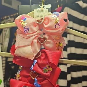 Heart Embellished Pink and Red Hair Bows